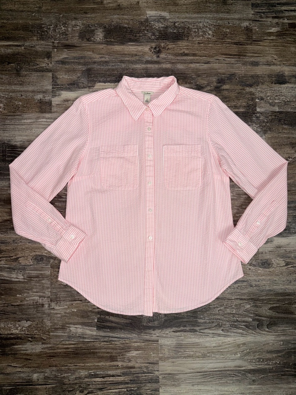L.L. Bean Pink and White Striped Button-Down Cotton Shirt Size S